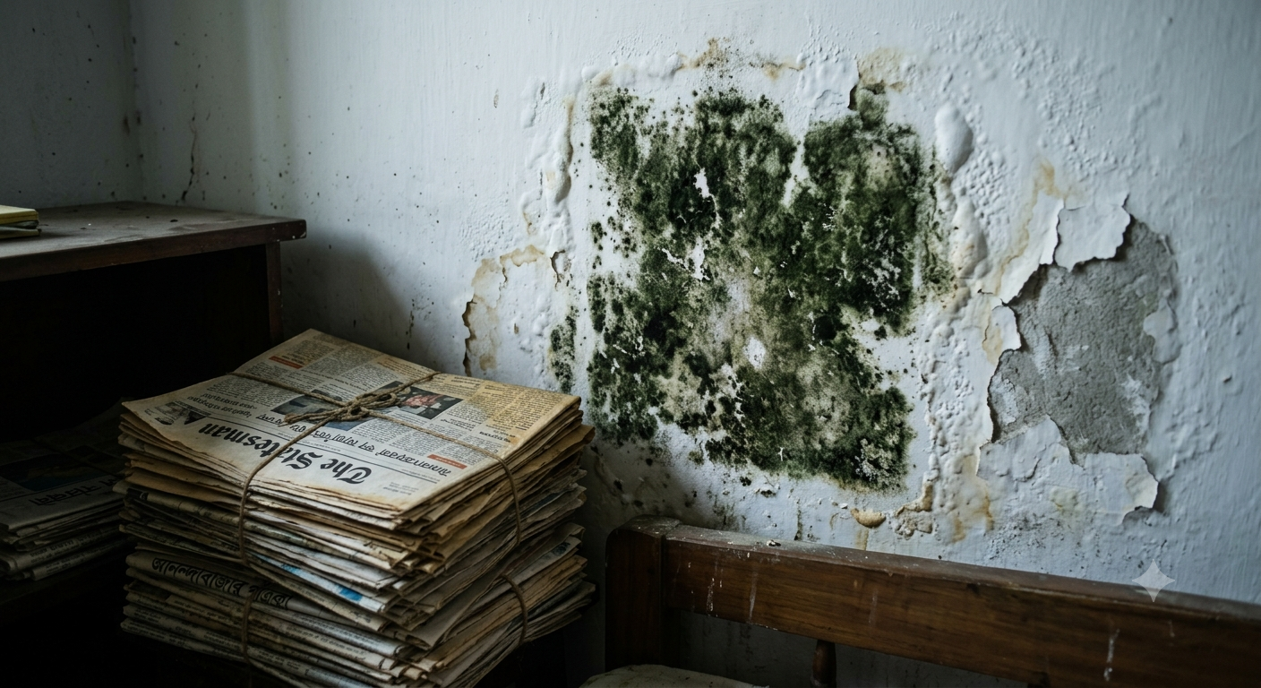 Patch of green and black mould on wall