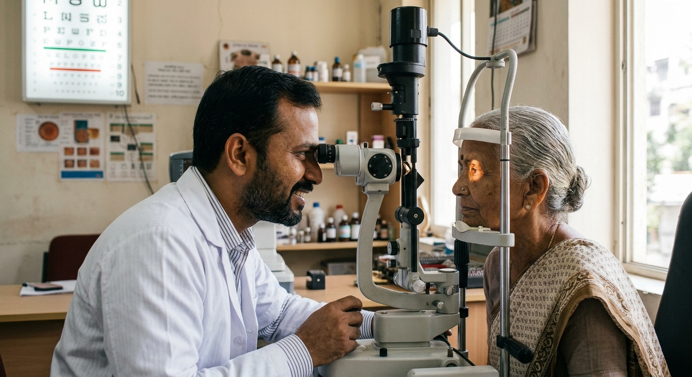 Optometrist using specialized equipment during eye exam for patient