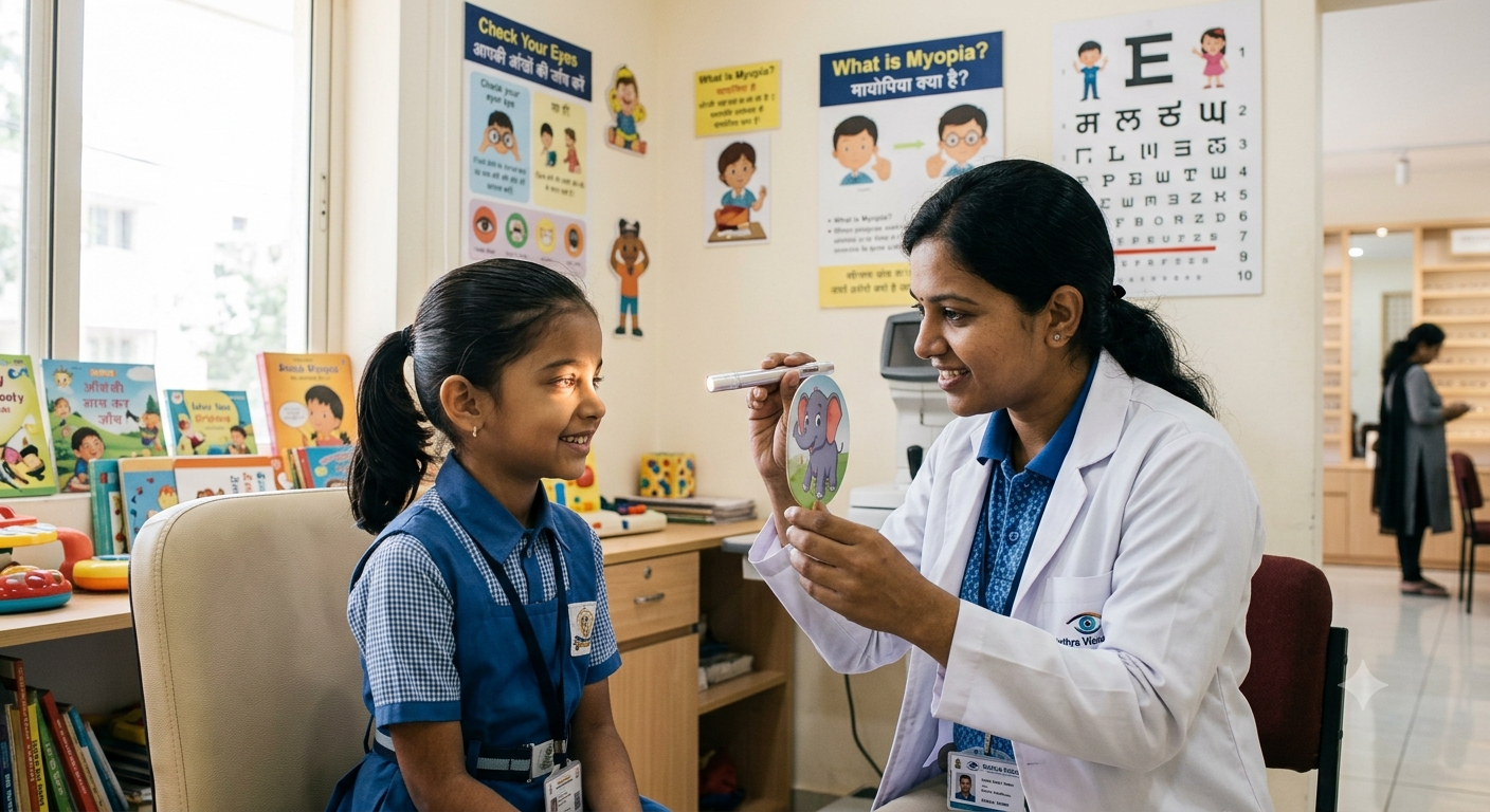 Schoolgirl smiling during pediatric eye exam by female ophthalmologist