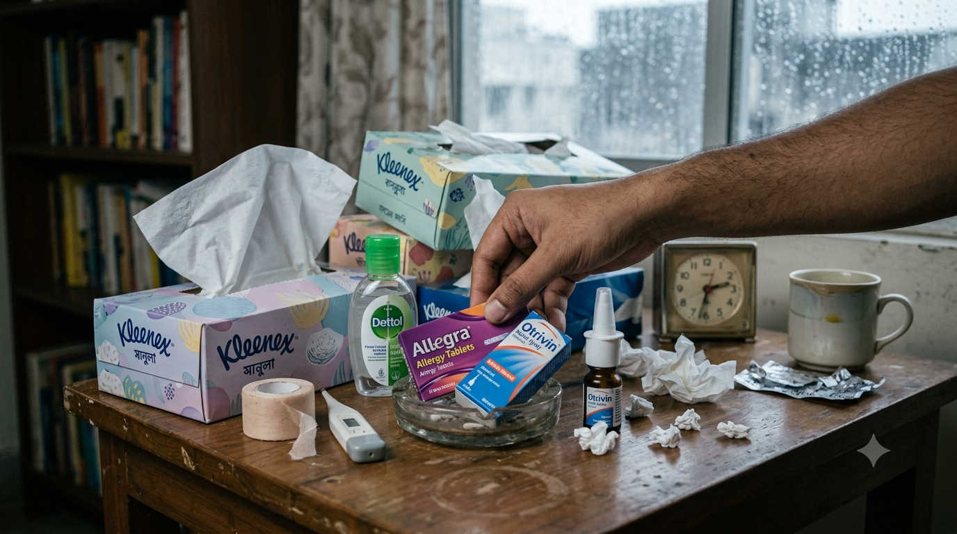 A hand reaching for OTC allergy relief tablets and tissue boxes