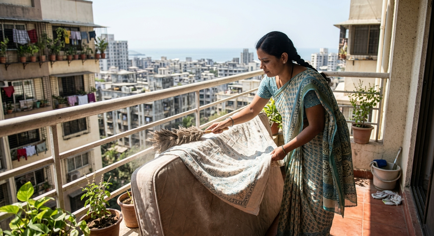 A woman dusting a mattress and blanket on a balcony