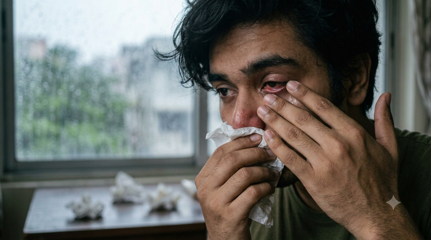 A man rubbing his red, watery right eye