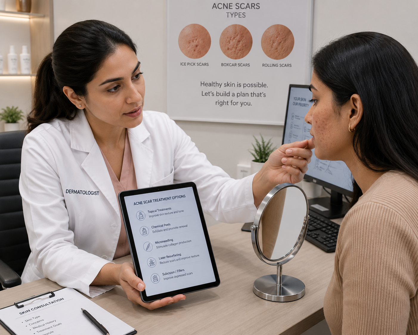 Dermatologist examining a patient's skin and discussing acne scar treatment options during a consultation.