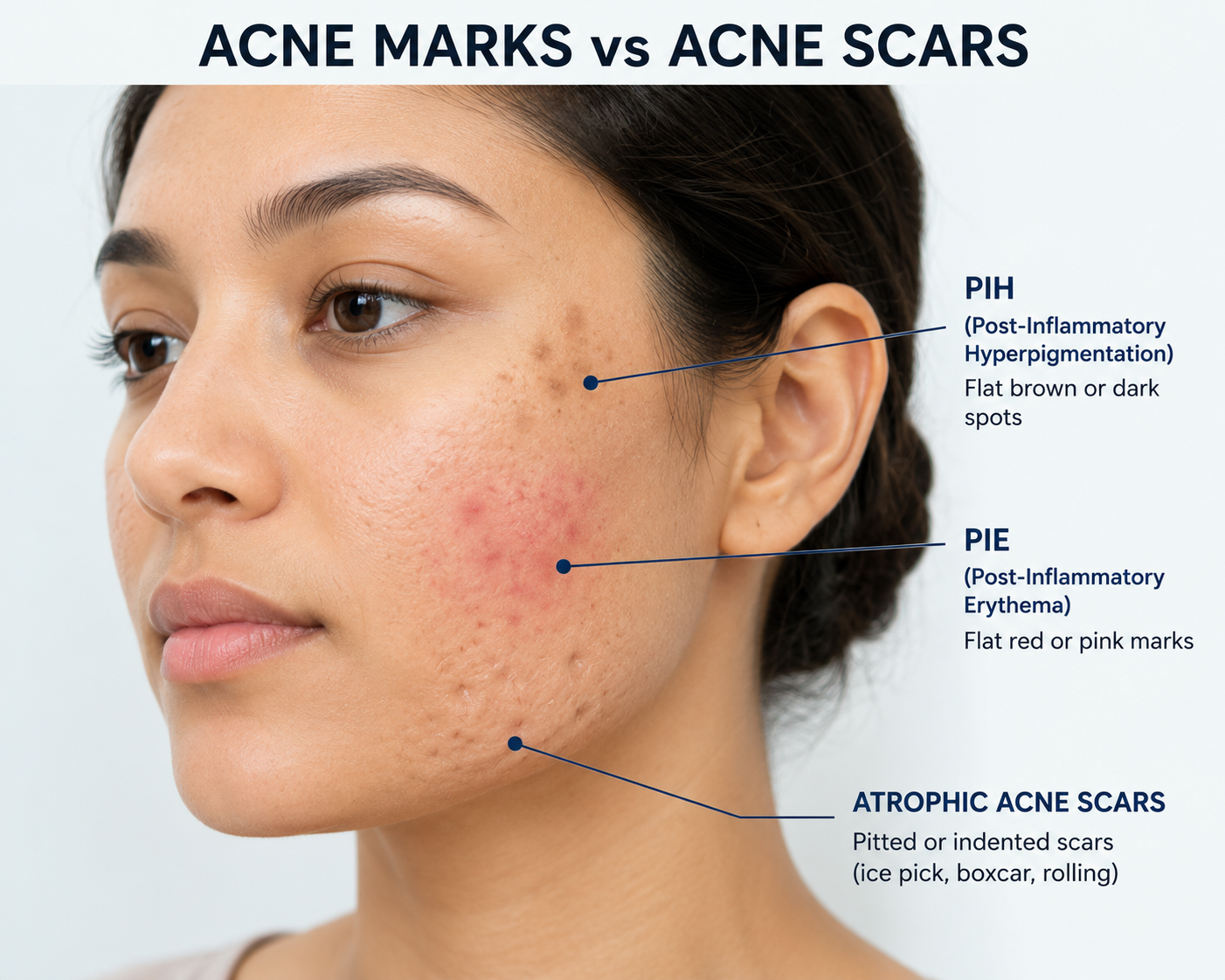 Medical illustration labeling PIH, PIE, and atrophic acne scars on different areas of the face.