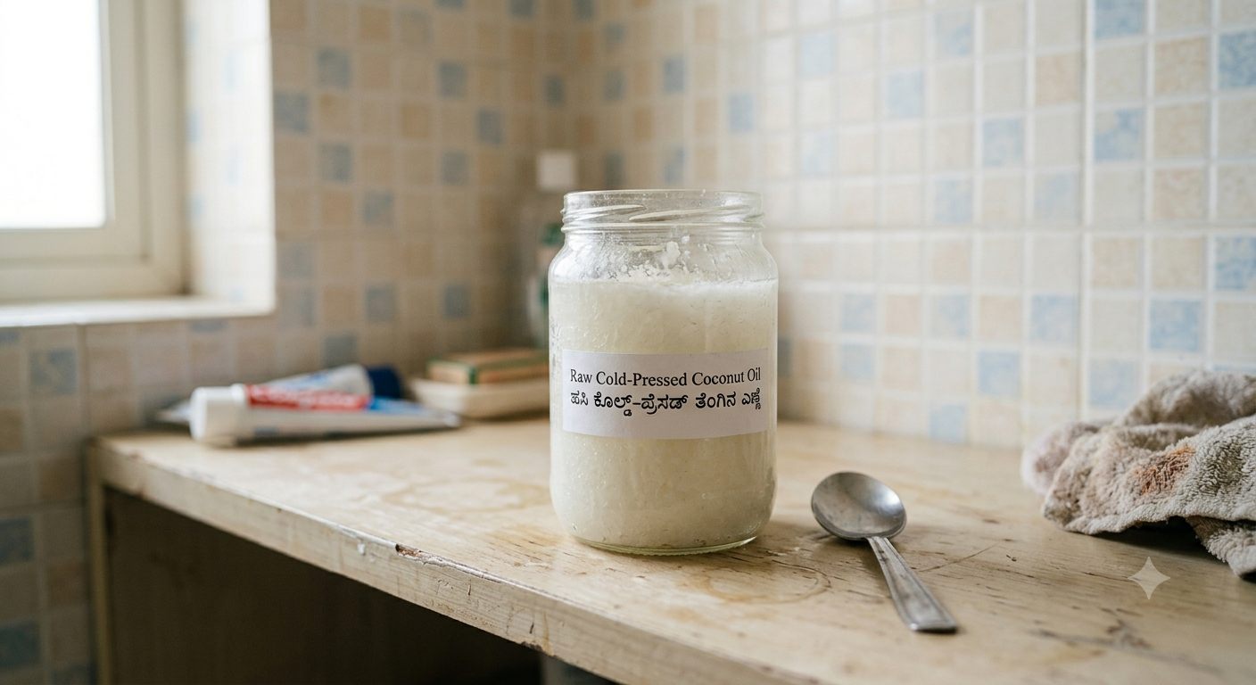 A jar of cold-pressed coconut oil with a steel spoon on a wooden shelf.