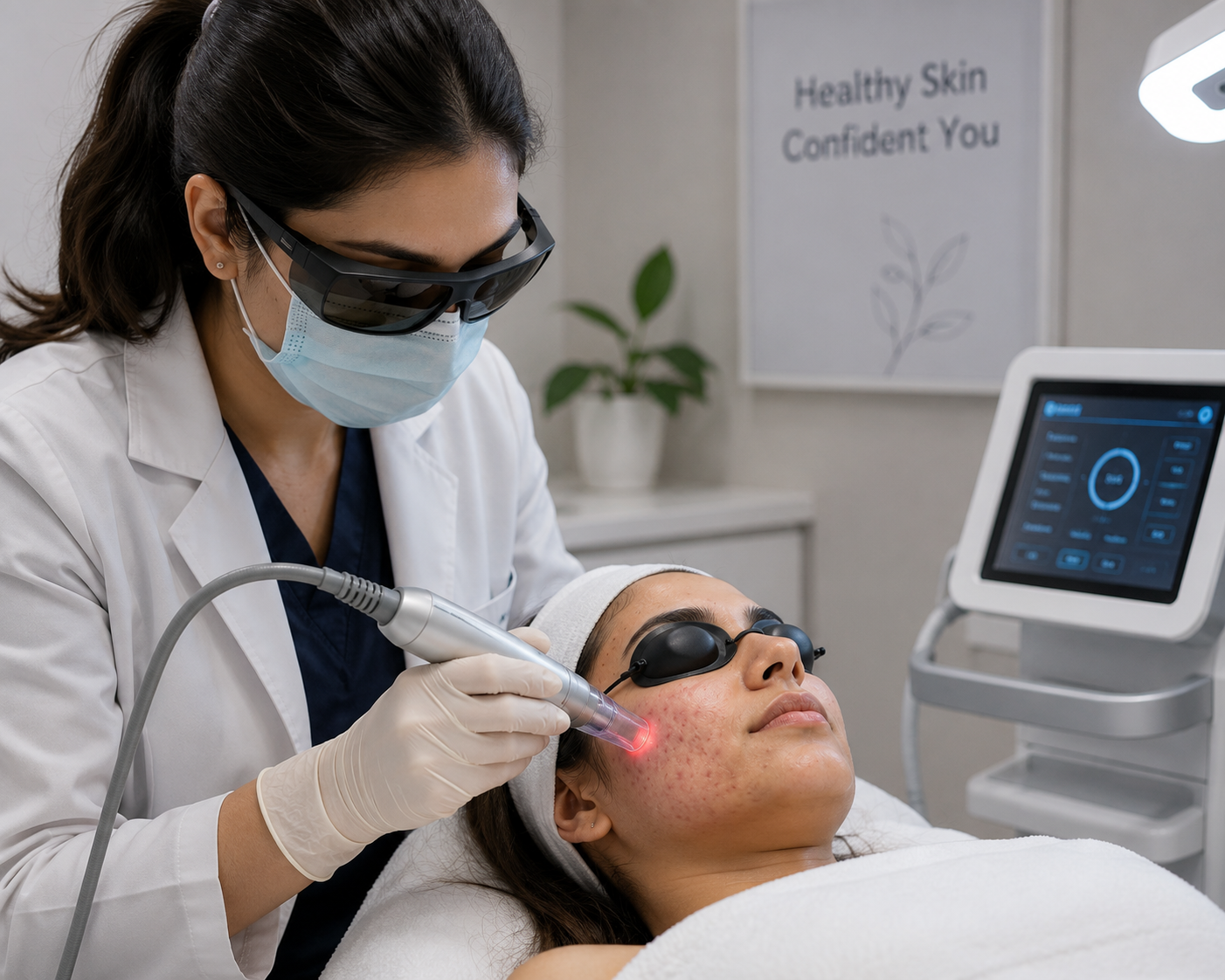 Dermatologist performing laser treatment for acne scars in a modern dermatology clinic