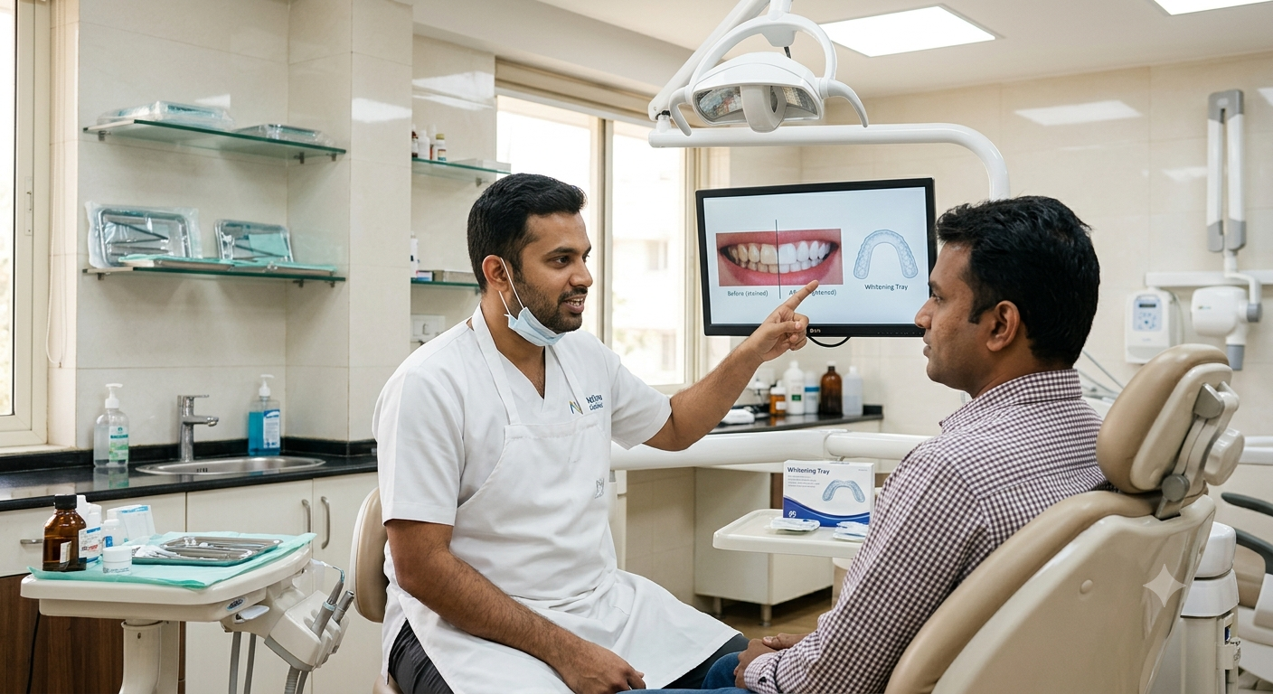 A dentist discussing professional teeth whitening treatment options with a patient