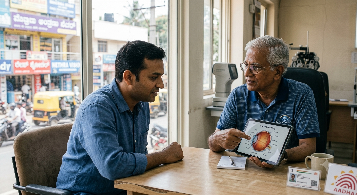 Eye doctor explaining prescription to a patient using a digital tablet