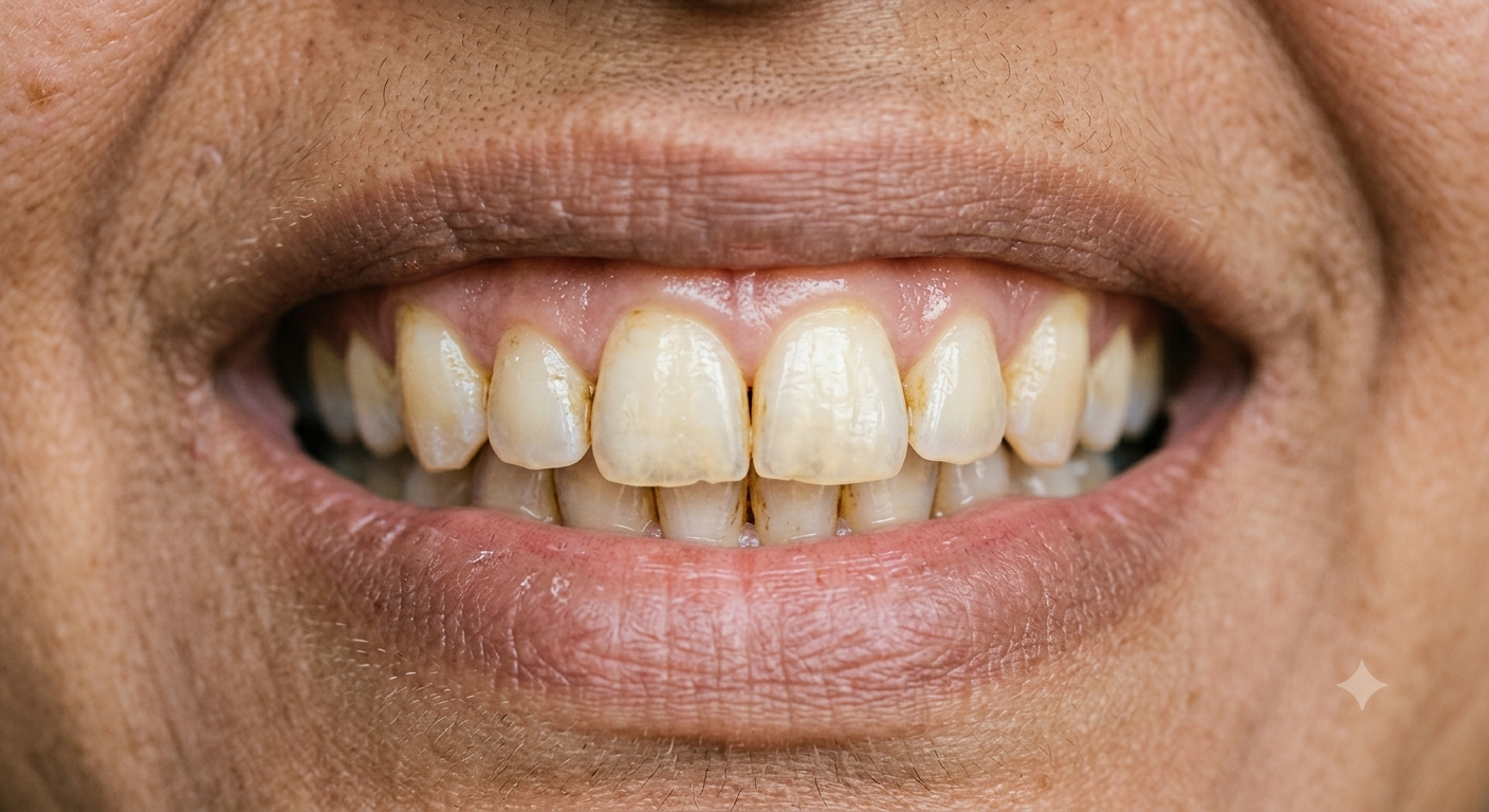 A close-up view of mild yellow surface stains on a person's front teeth