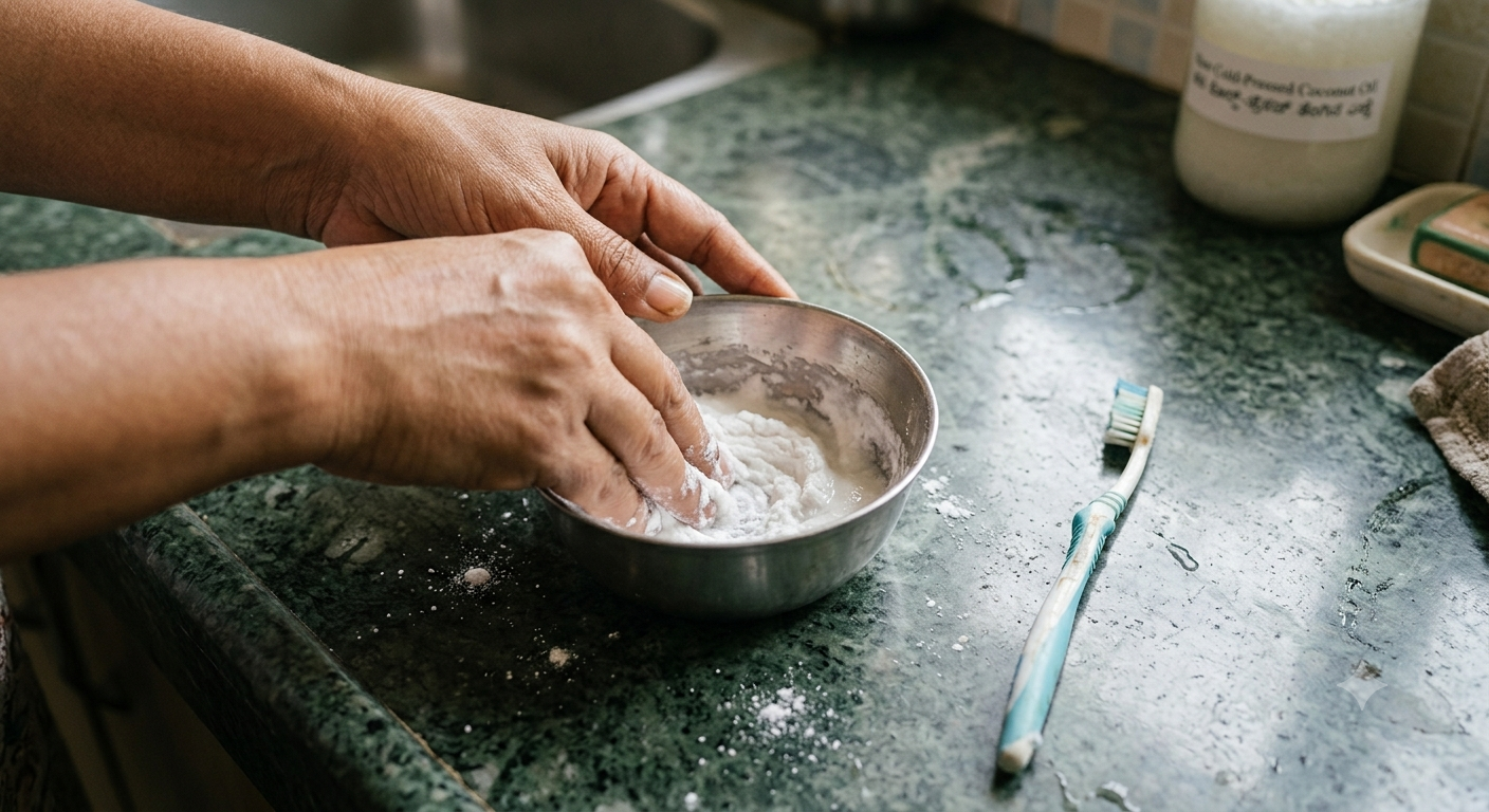  A hand mixing baking soda with water in a small steel bowl with a toothbrush next to it.