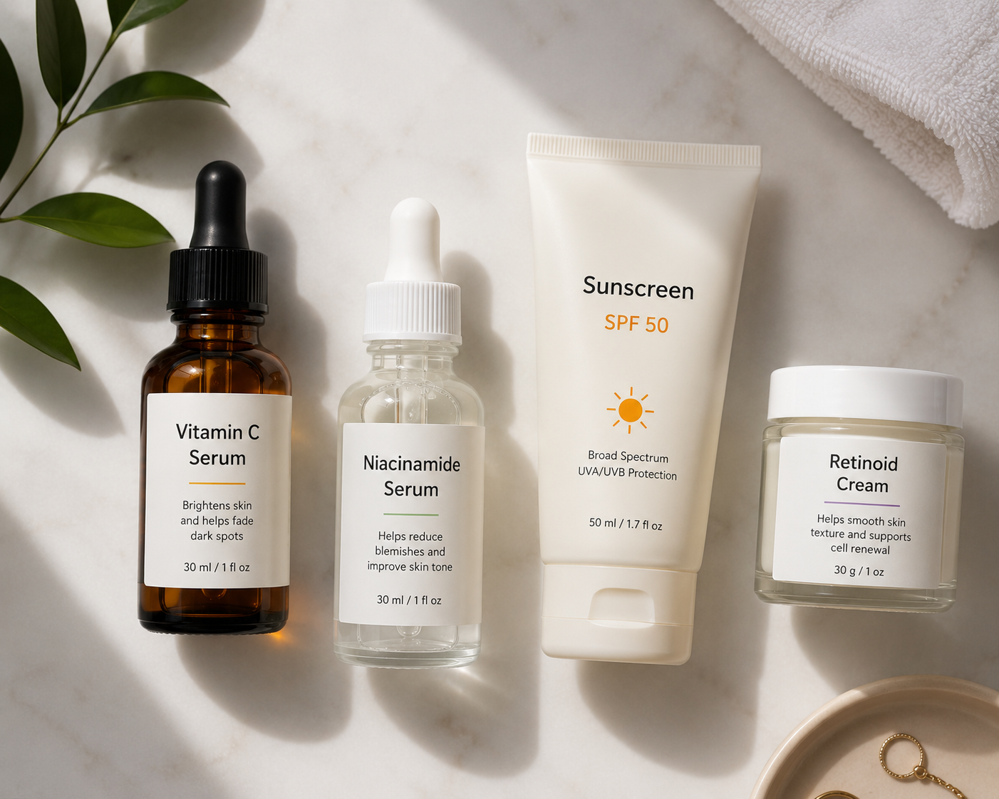Vitamin C serum, niacinamide serum, sunscreen, and retinoid cream on a clean, minimal surface.