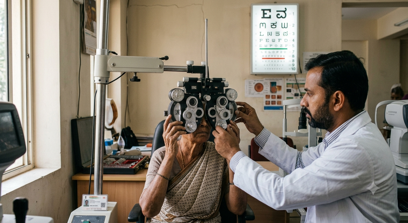 An elderly Indian woman reading a visual acuity wall chart during a routine eye check-up
