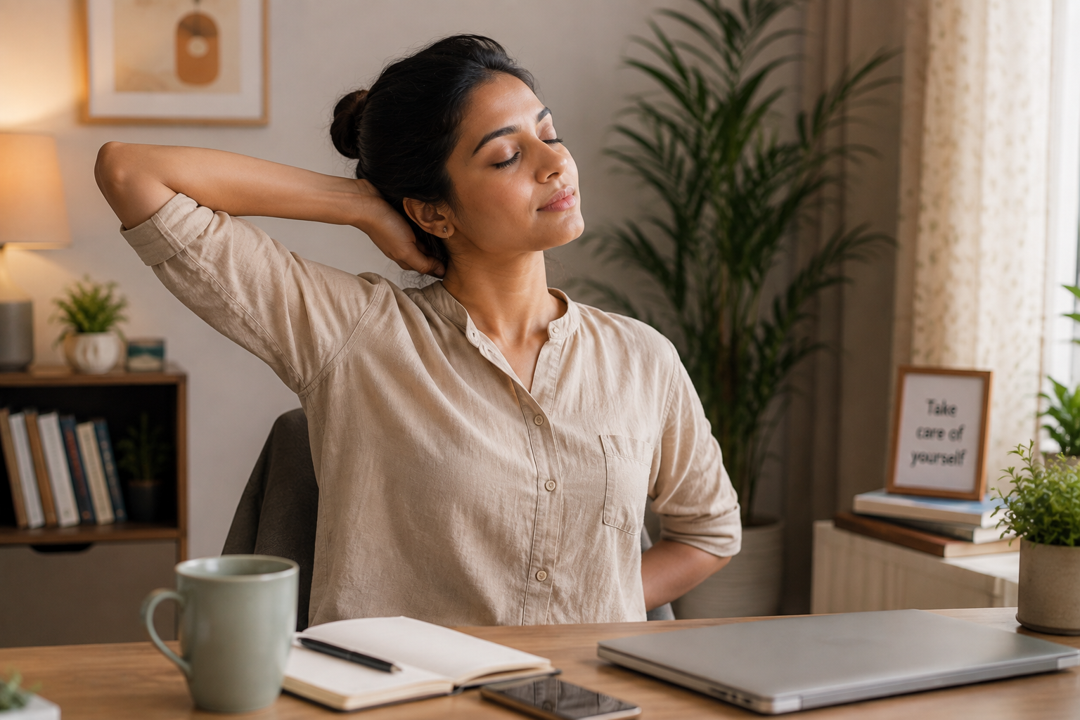A woman stretching her neck/shoulder with her laptop on her desk in front of her
