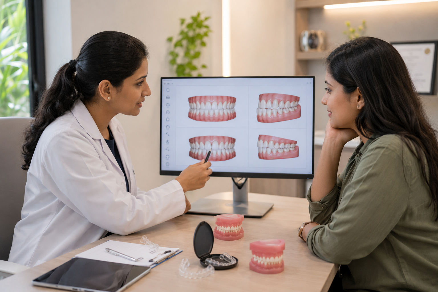 An orthodontist is discussing treatment options with an adult patient