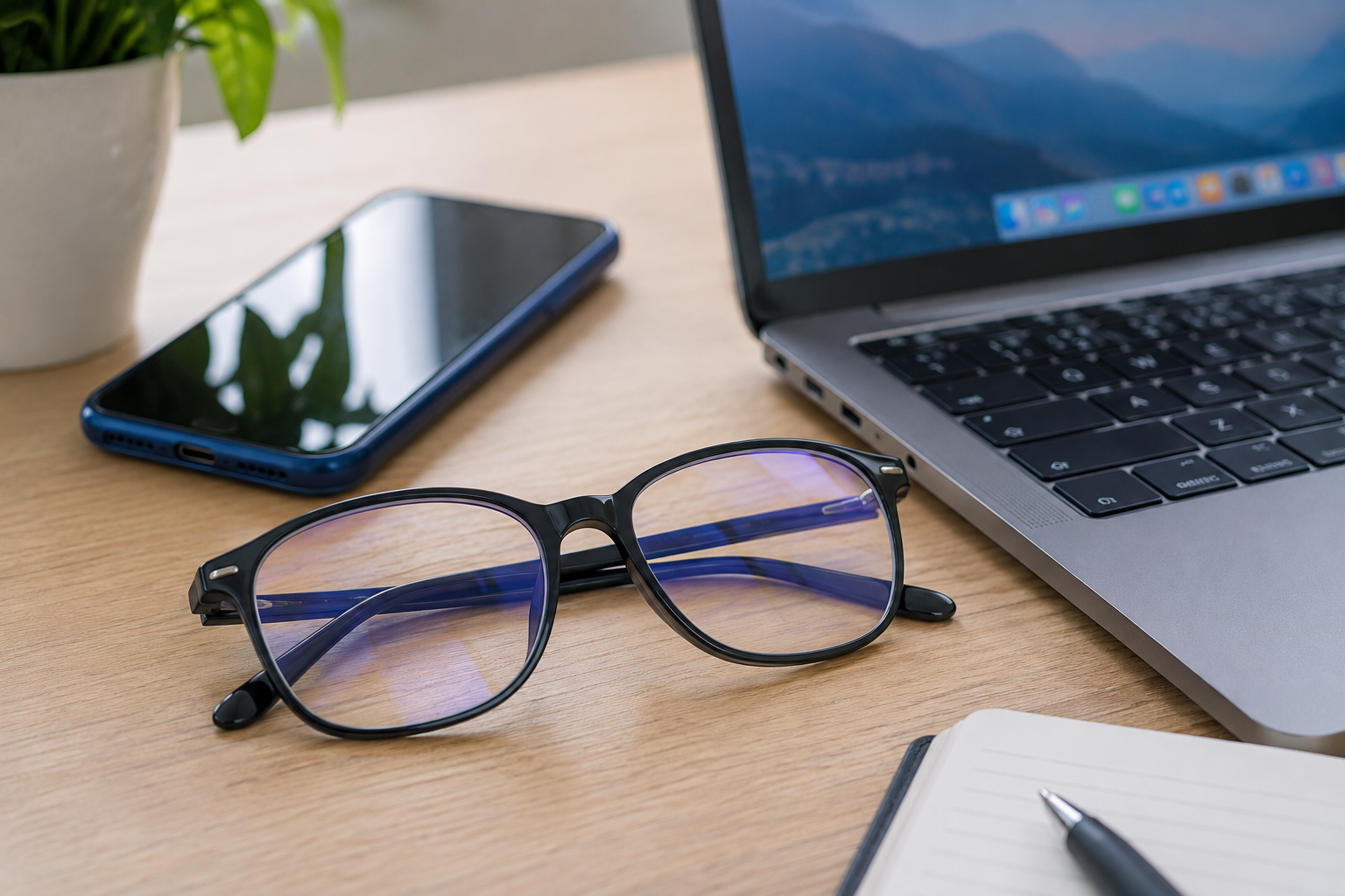 Blue light filtering glasses beside a laptop and smartphone