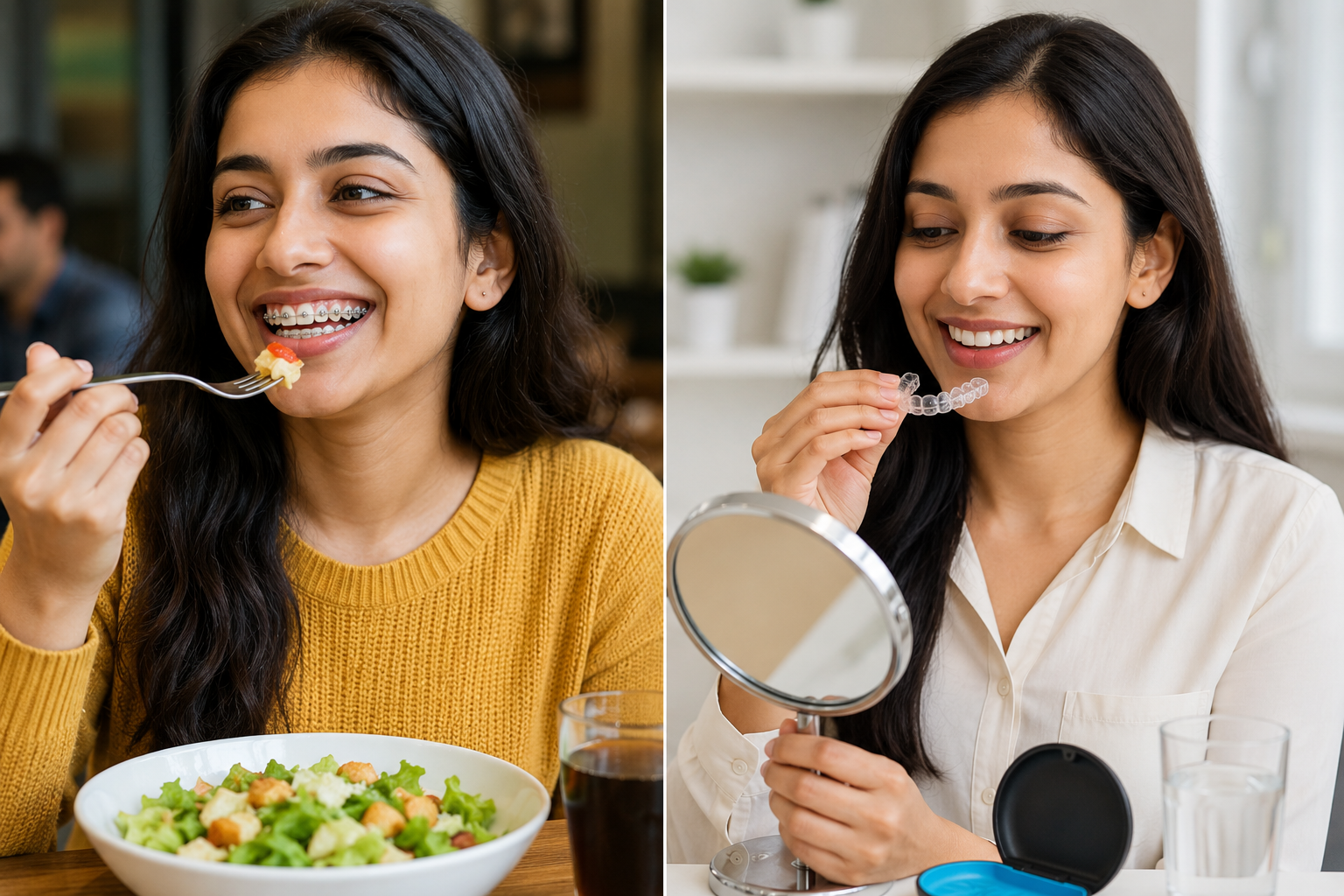 Woman wearing metal braces on the left and clear aligners on the right