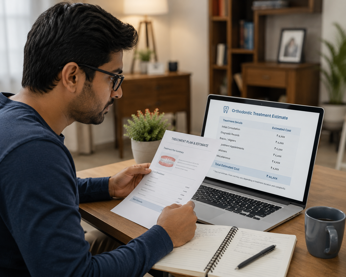 Man reviewing a dental treatment cost estimate at home