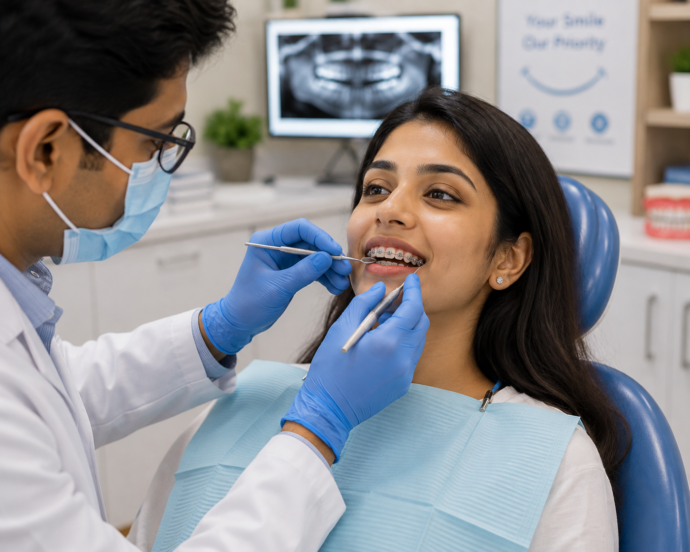 Woman having braces adjusted during an orthodontic appointment