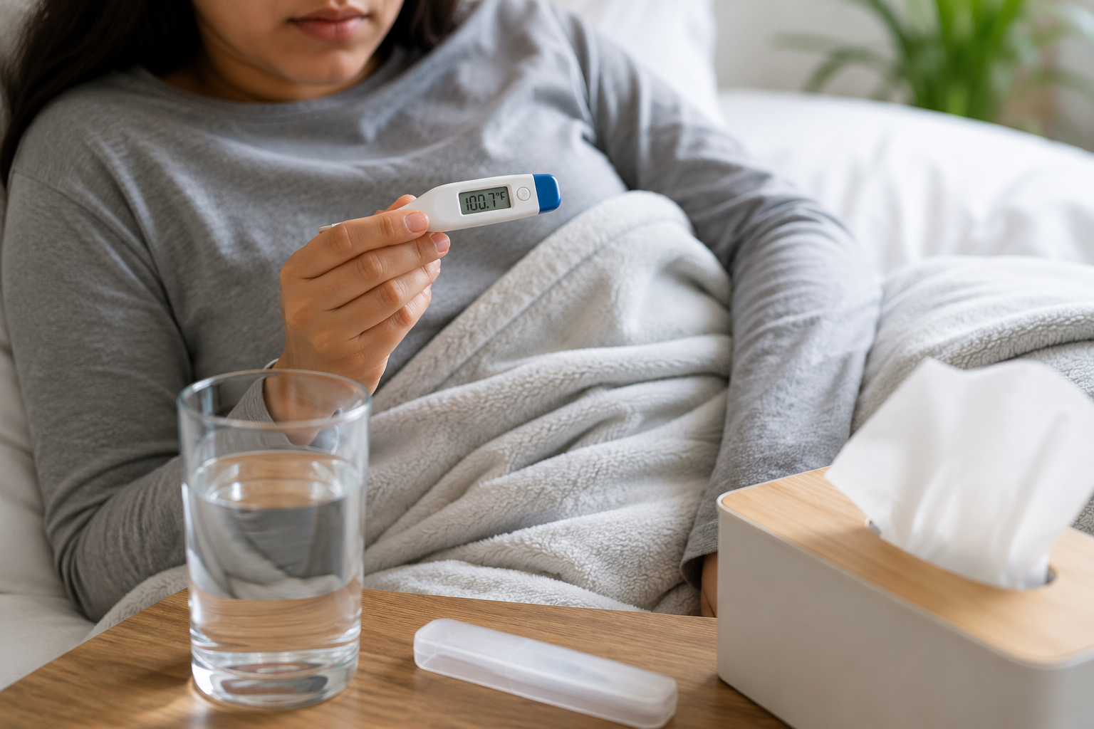 Woman monitoring a persistent fever with a digital thermometer at home