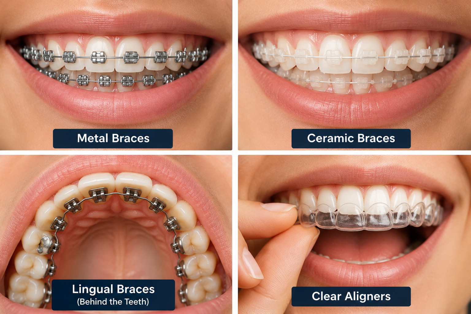 Comparison of metal, ceramic, lingual braces and clear aligners