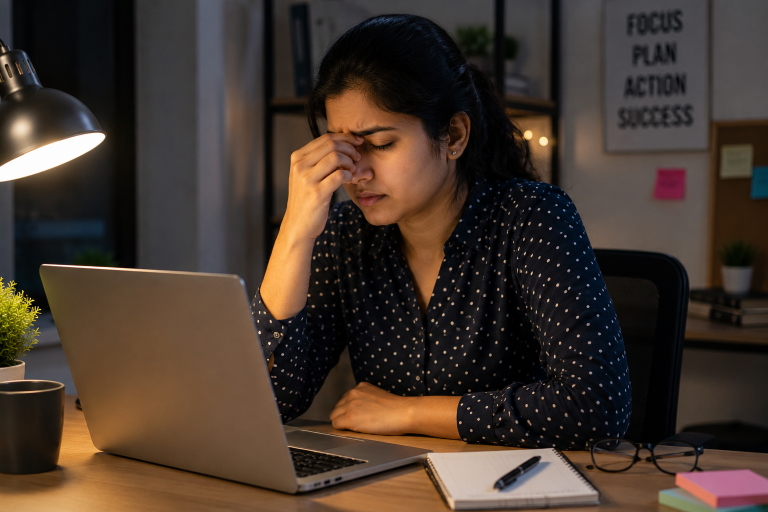 Woman with one hand near her temple/eye and a laptop on the desk 