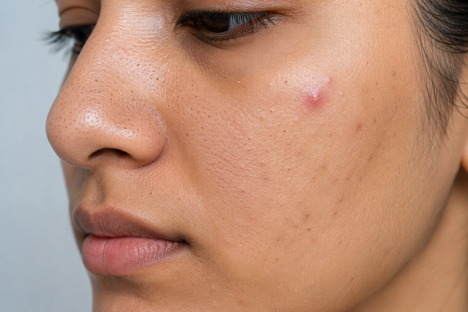 Close-up showing blackheads and an inflamed pimple on facial skin