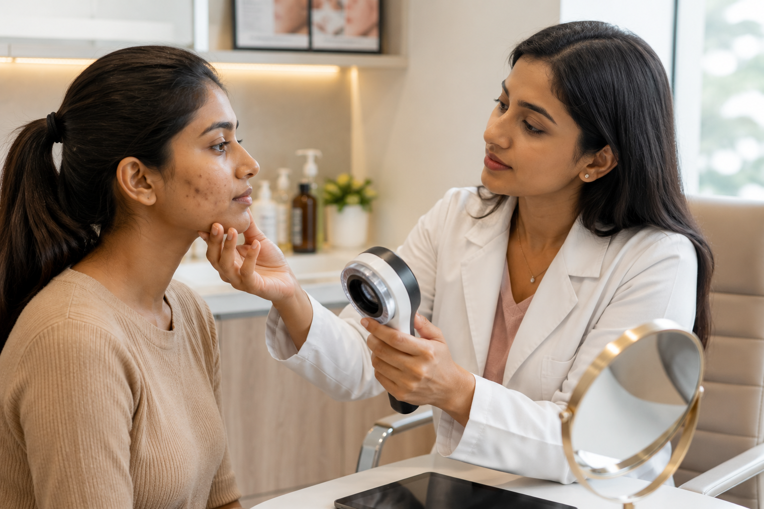 Dermatologist examining facial acne and dark marks during consultation