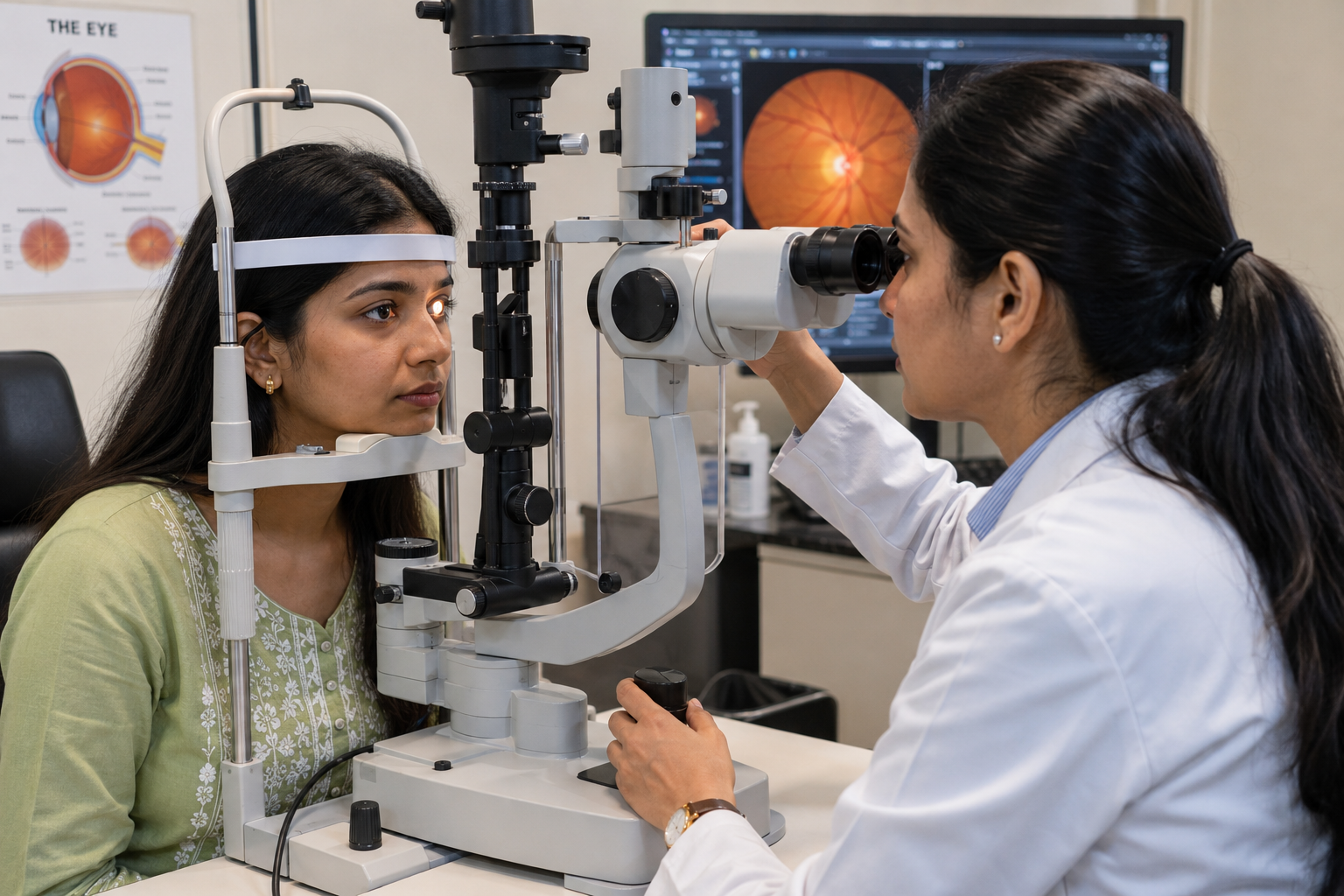 doctor examining patient's eyes with clinical equipment
