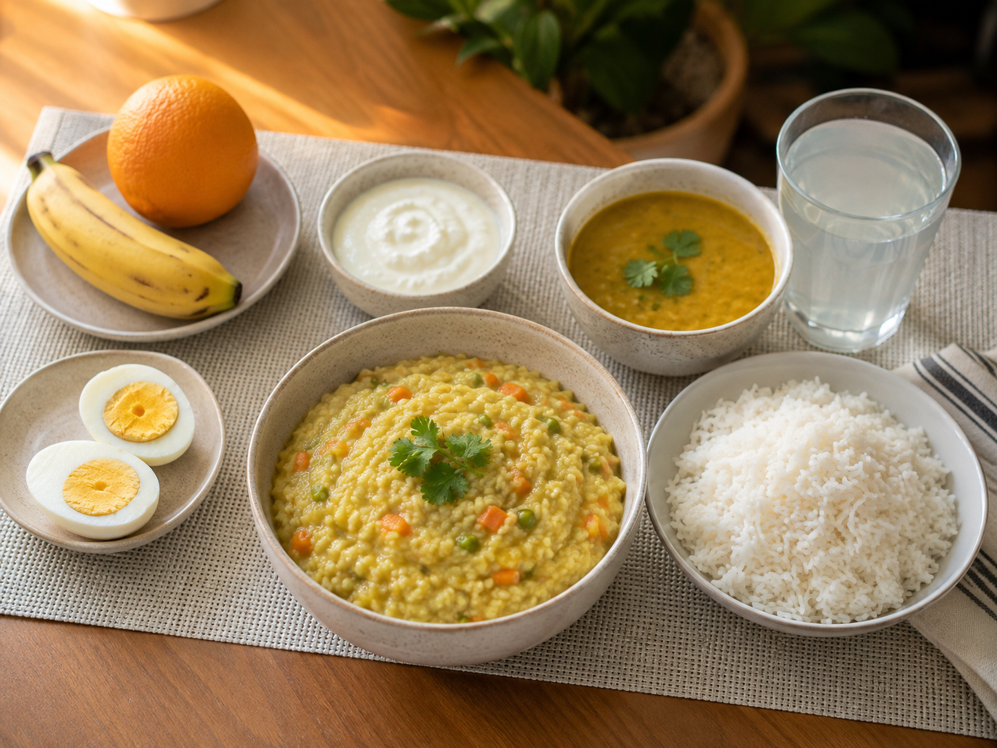 healthy Indian recovery meal arranged on a dining table