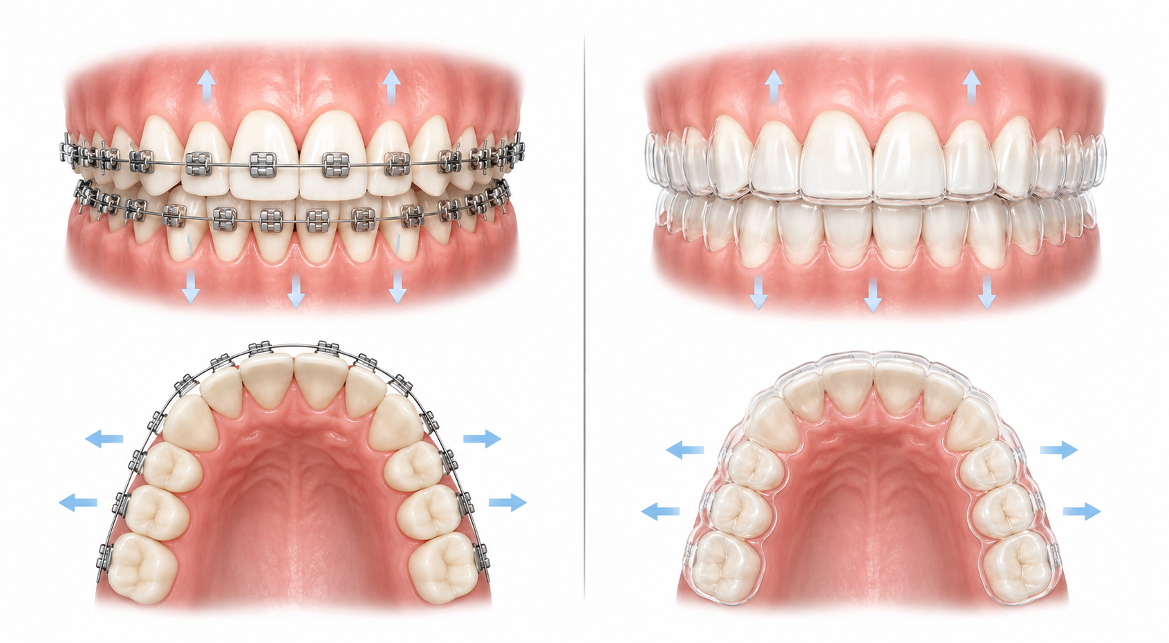 Braces and clear aligners compared side by side