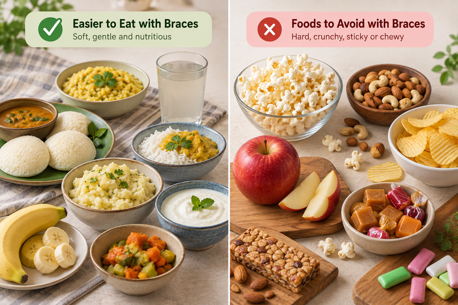 Image showing foods to eat with braces on left side and foods to avoid on the right side