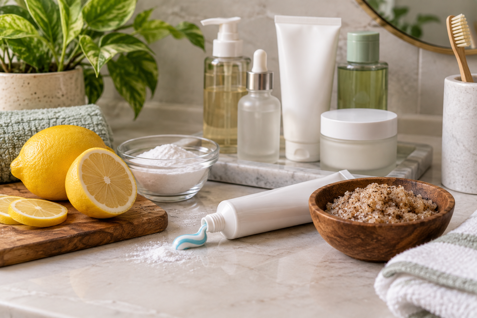 DIY skincare ingredients such as lemon, baking soda, toothpaste and a scrub beside skincare products