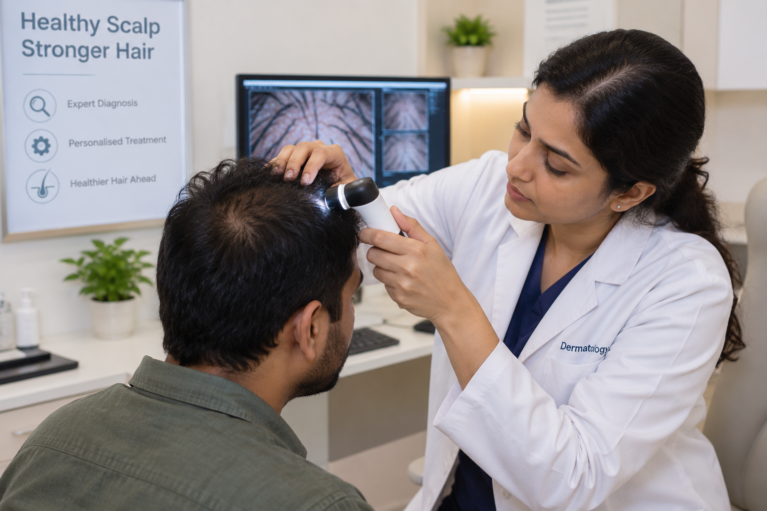 Man consulting dermatologist for itchy scalp and hair loss