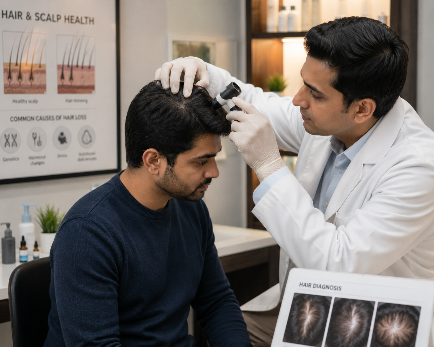 Man having his scalp examined by a dermatologist