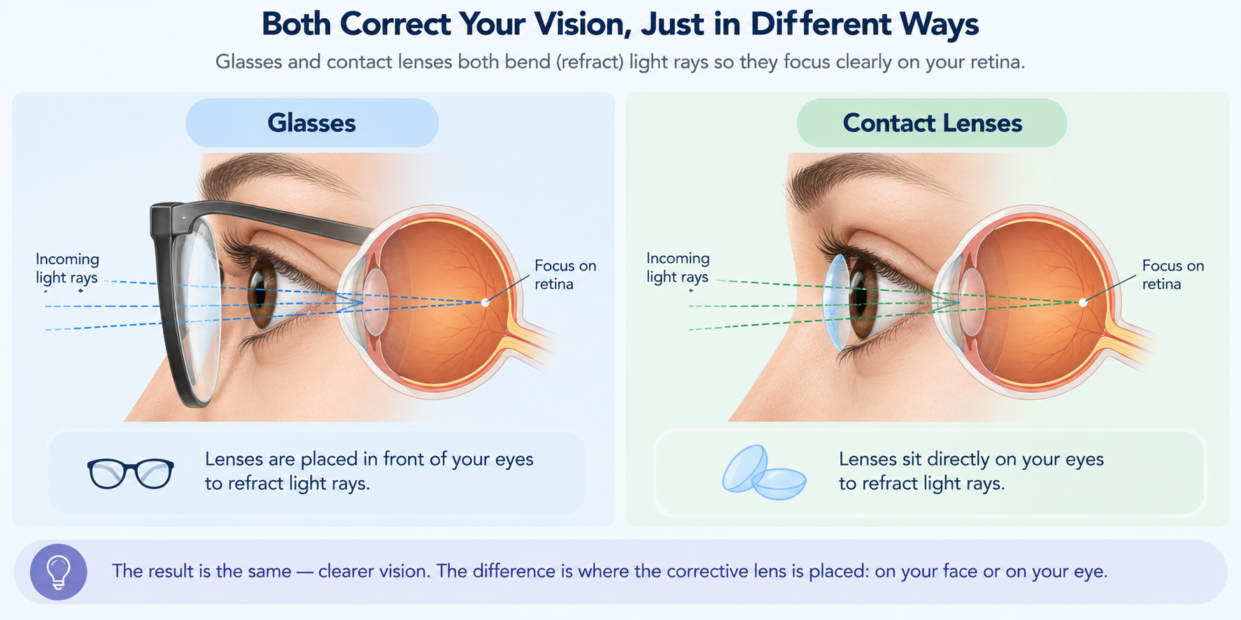 Illustration comparing glasses and contact lens vision correction