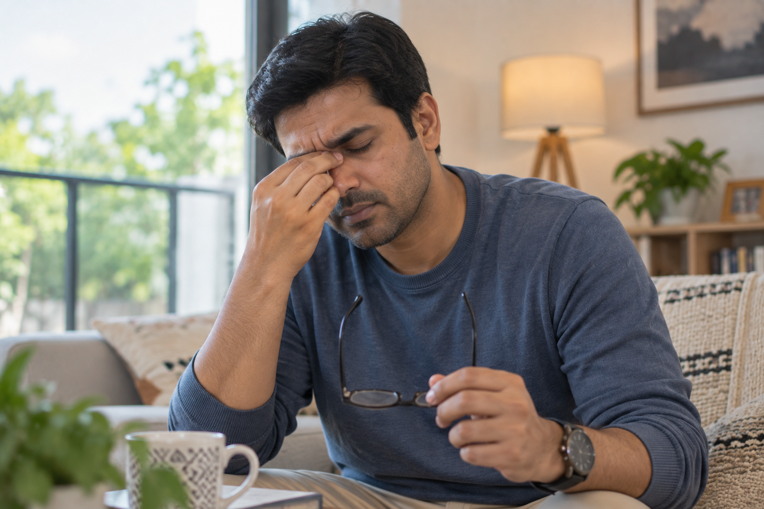 Man gently touching the area around one painful eye