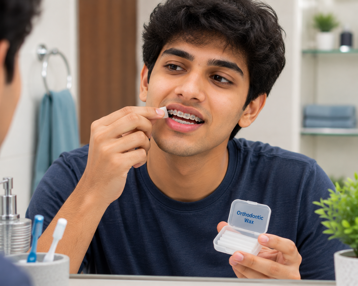 Man applying orthodontic wax to braces
