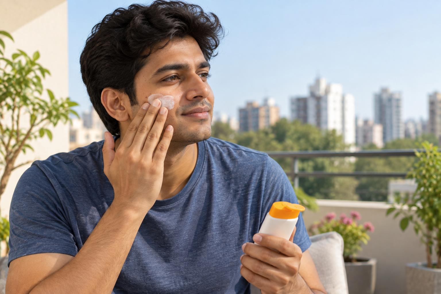 Man applying sunscreen to protect acne marks