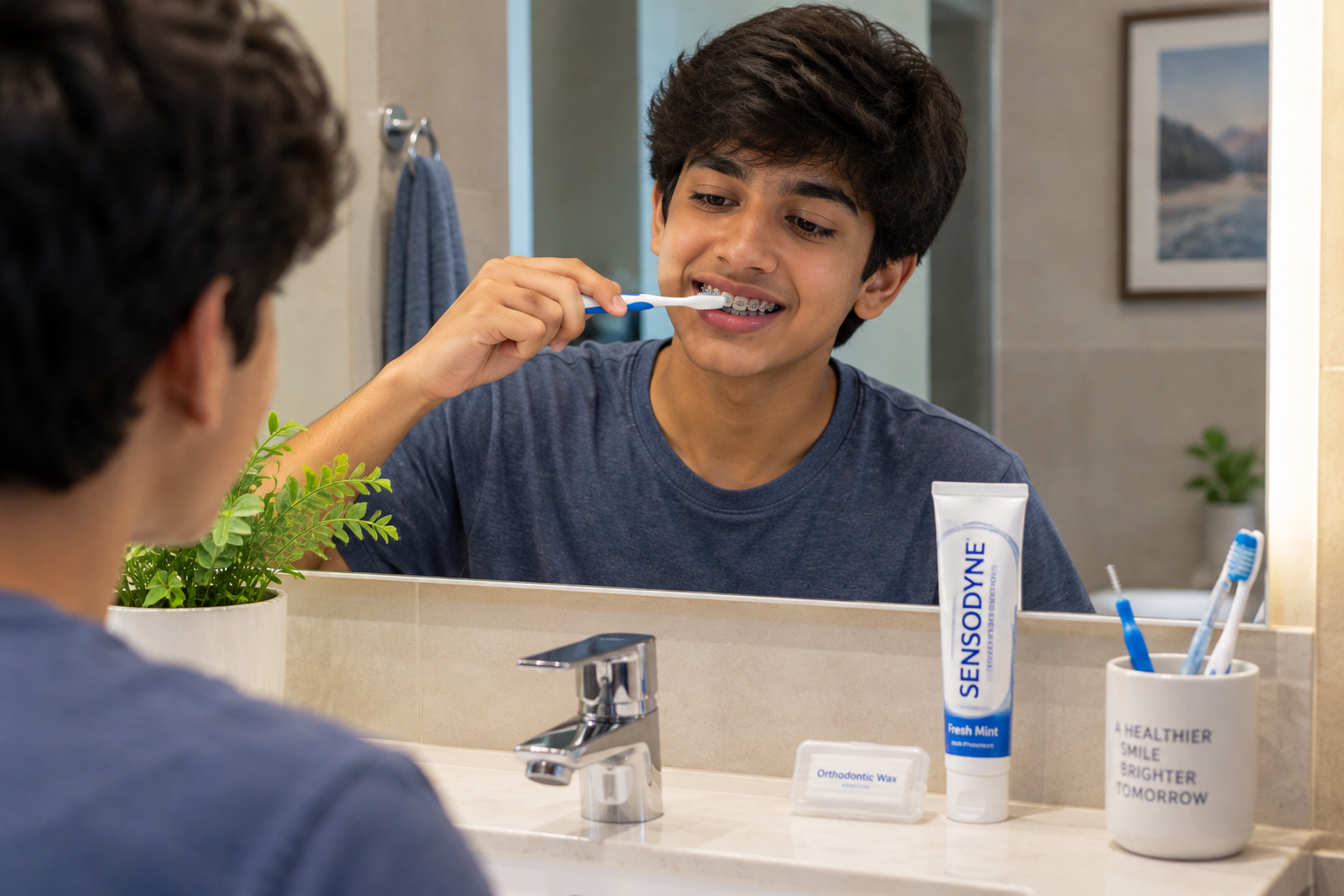 Teenage boy brushing teeth carefully with braces
