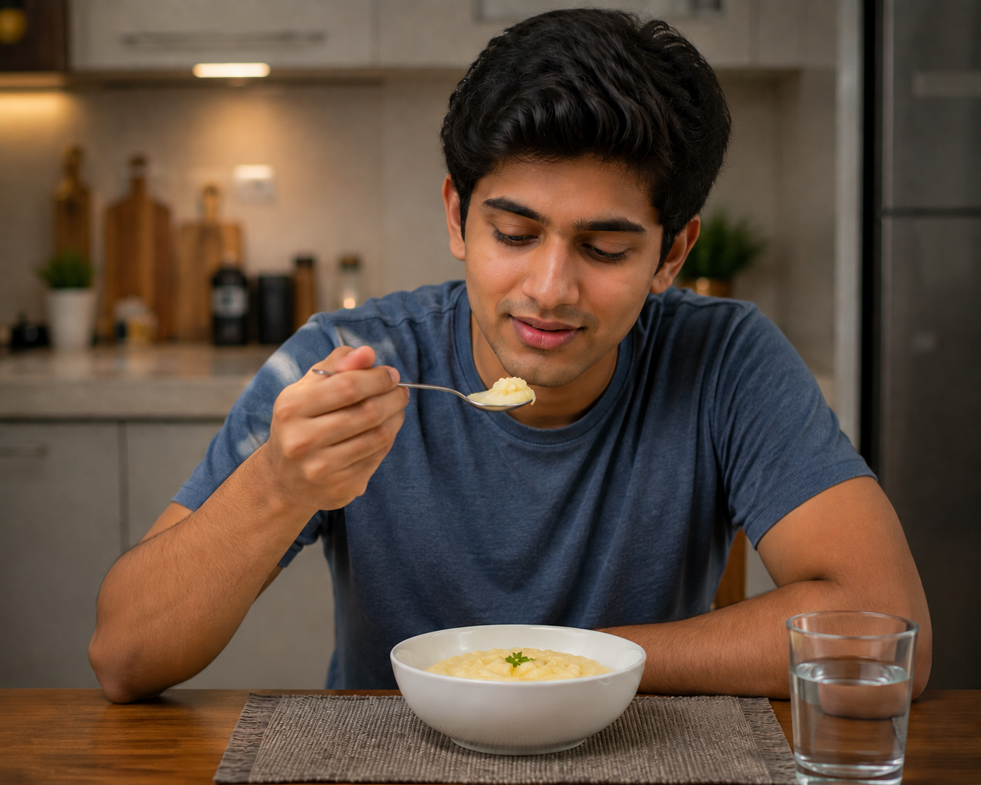 Man sitting at the dining table and eating soft food after getting dental spacers