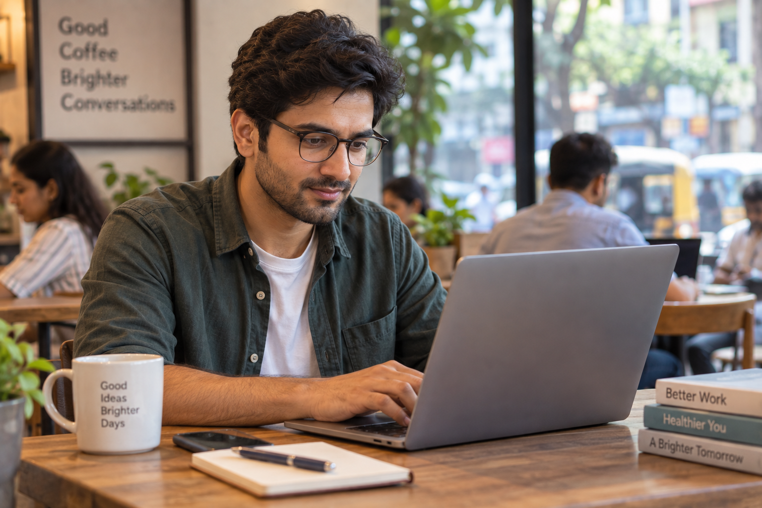 Man wearing glasses while working on a laptop in a cafe