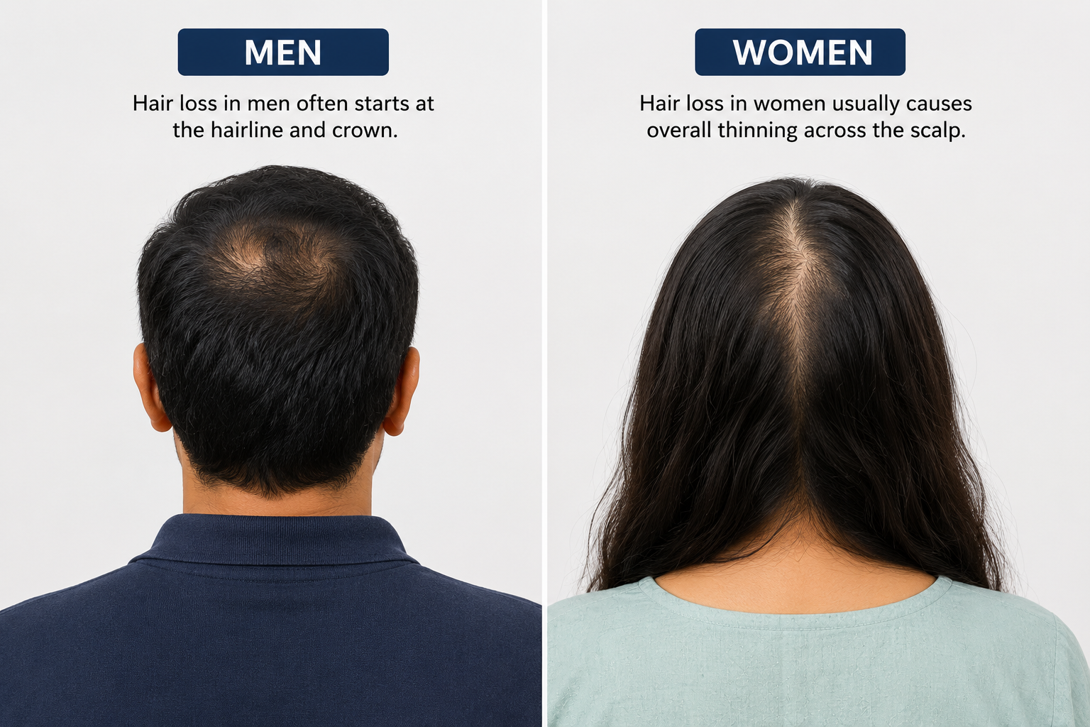 A split visual showing an Indian man and an Indian woman from behind with different hair thinning patterns