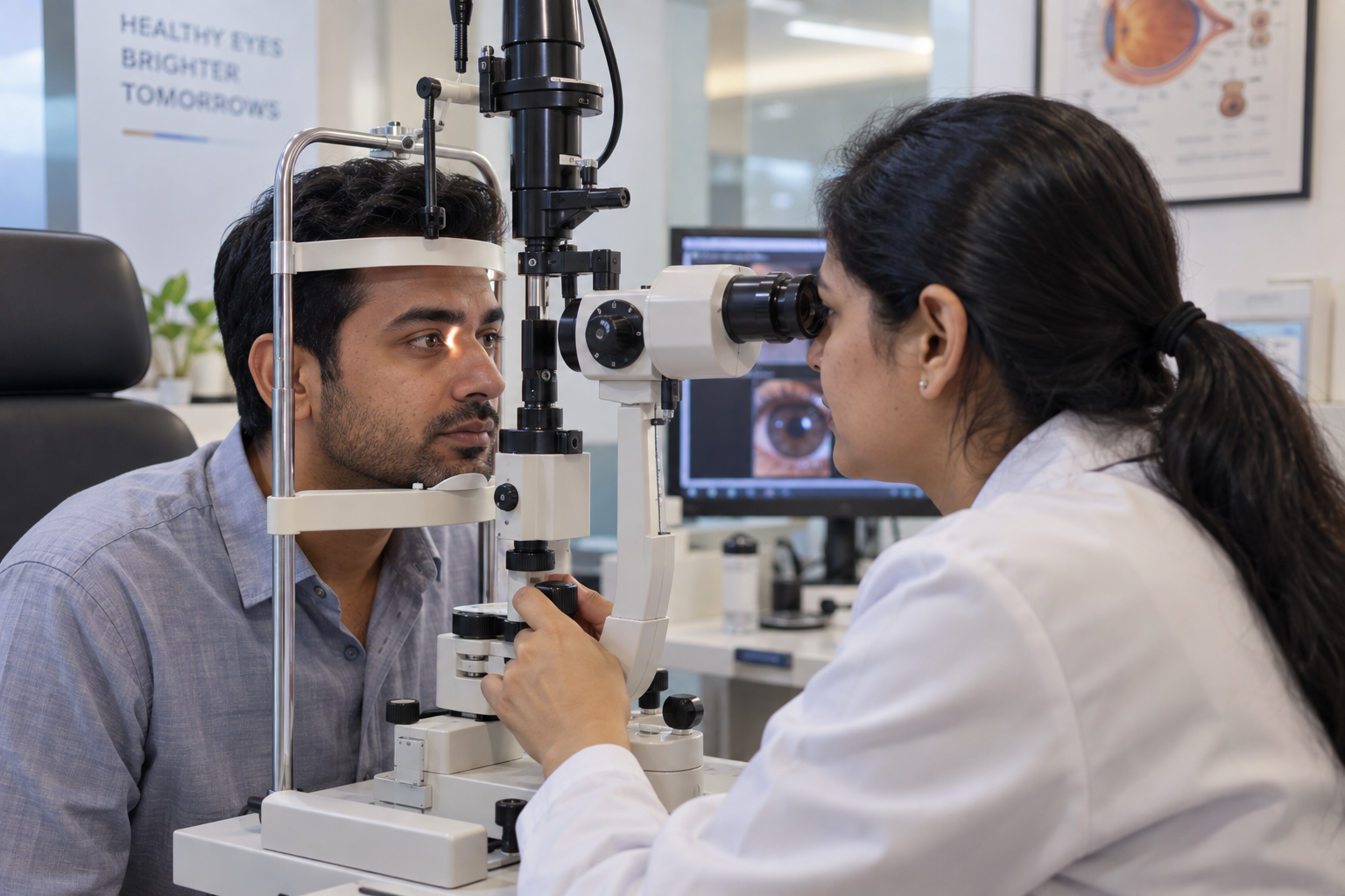 Male patient receiving an urgent eye examination from an ophthalmologist