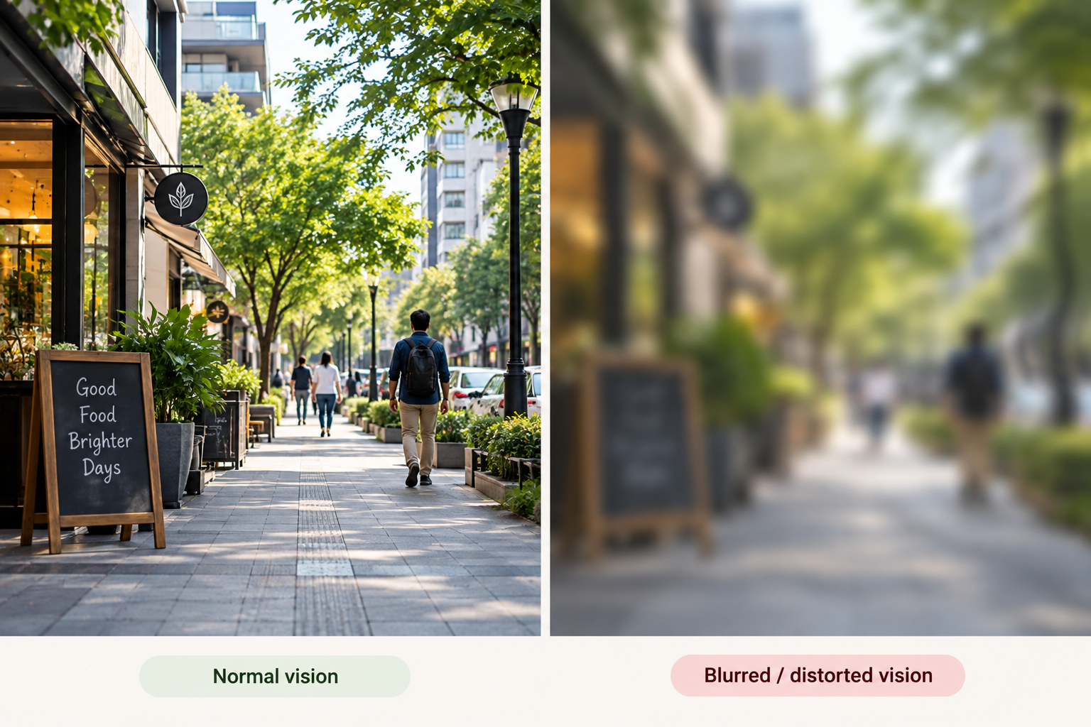 Normal vs Blurred Vision on a City Street