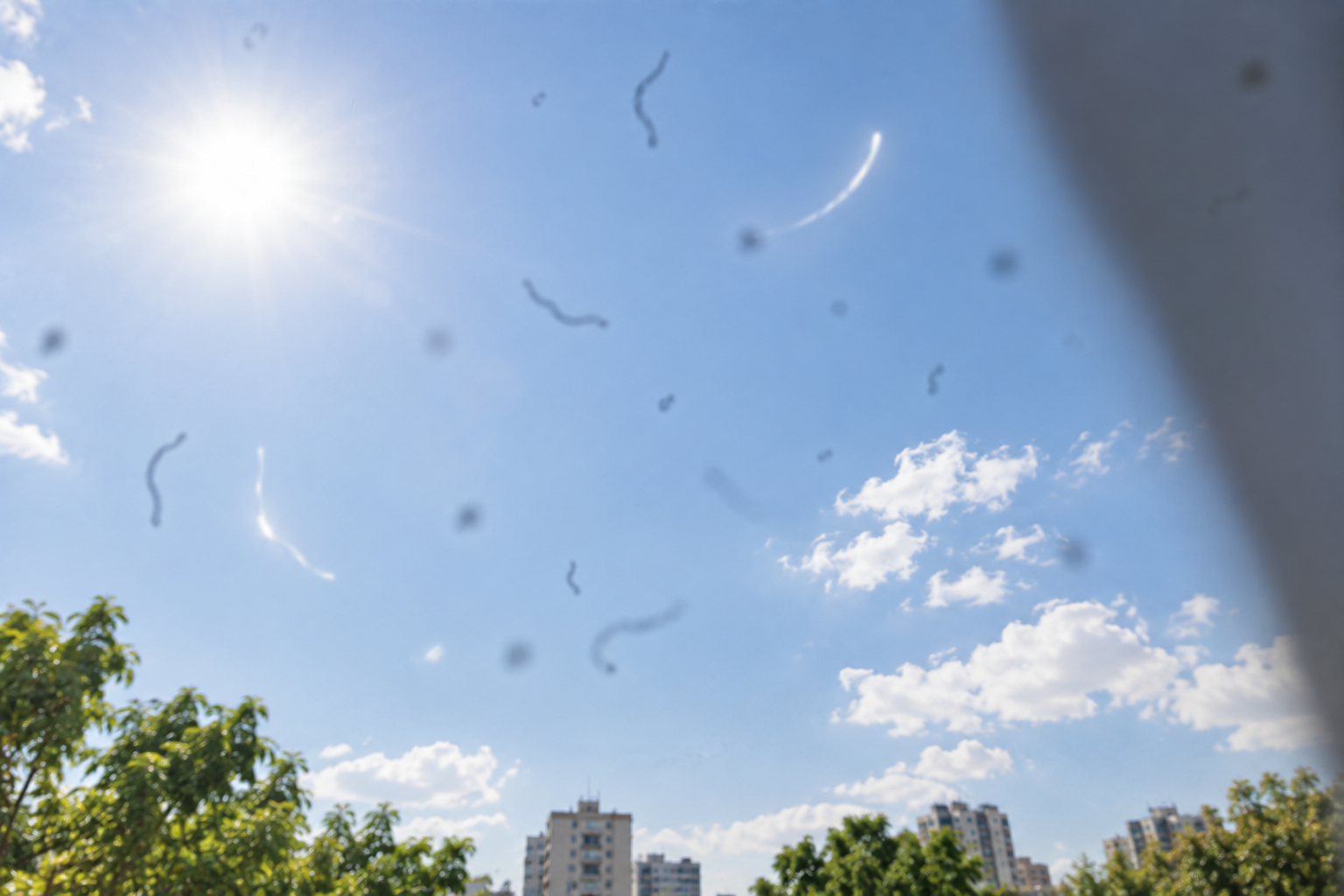 A bright sky from a person's pov with several new dark floaters and subtle flashes of light