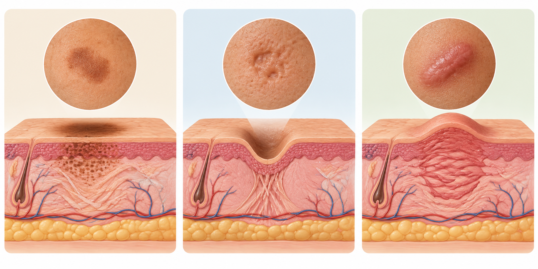 Illustration showing three types of acne marks and scars
