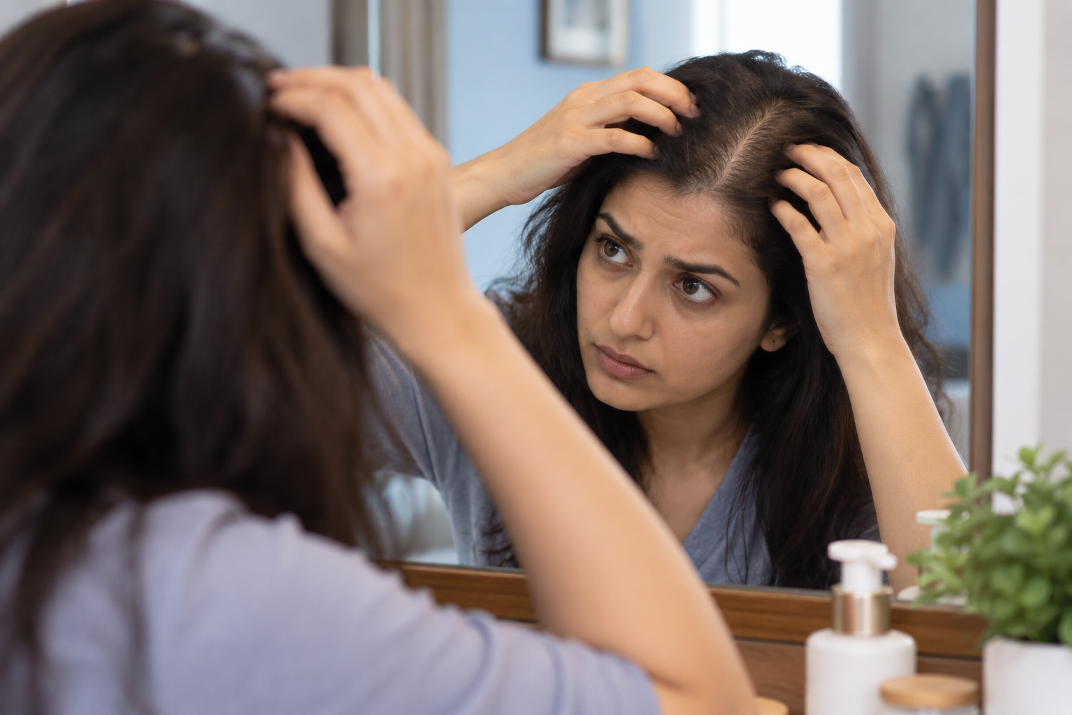 Woman examining thinning hair and itchy scalp