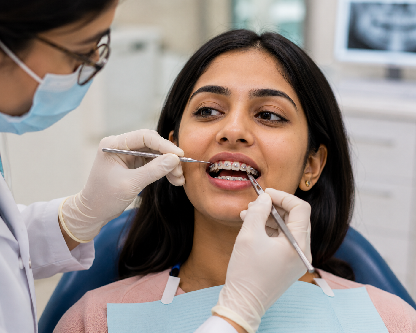 Woman getting braces fitted by an orthodontist