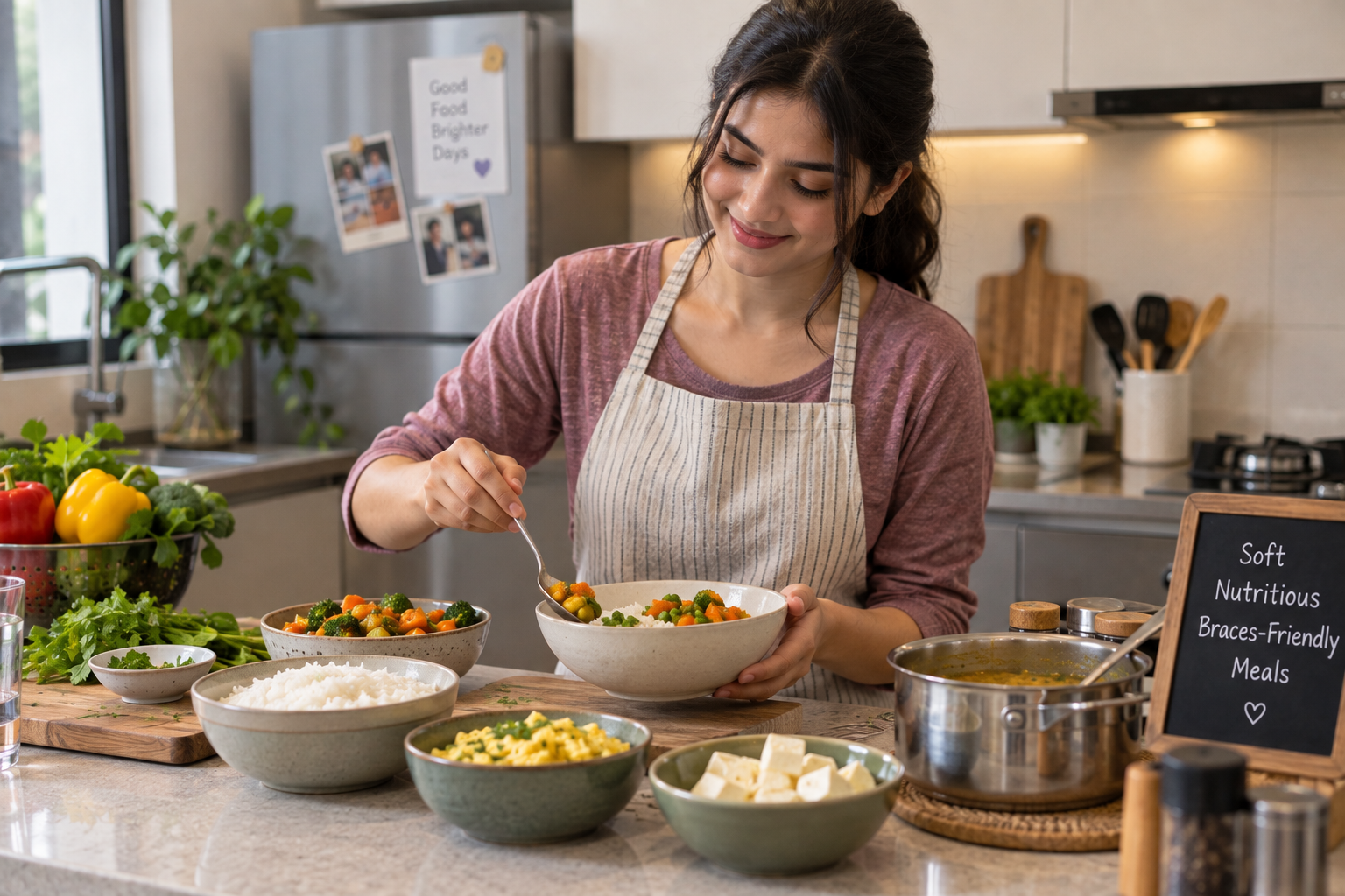 Woman preparing soft foods for braces in her kitchen