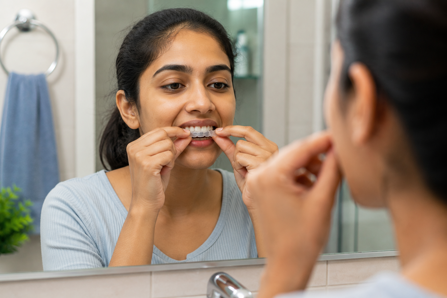 Woman putting in a clear dental retainer while looking in the mirror